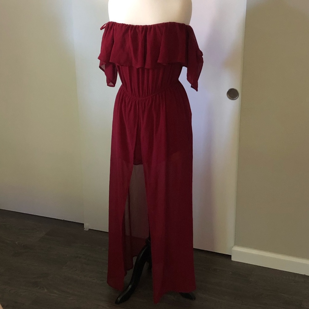 Strapless red frilly romper dress